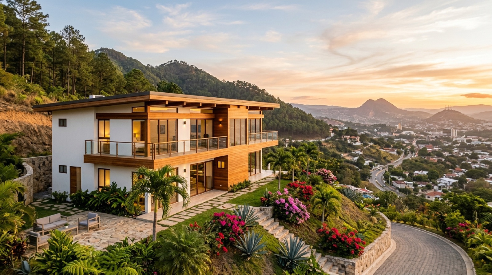 Casa moderna en una ladera al atardecer